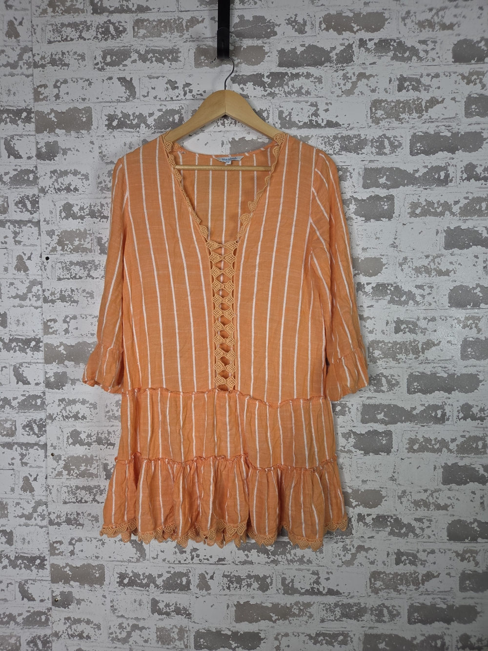 Blue Island Orange Striped Boho Mini Dress Tunic Tiered Ruffle Crochet Trim M